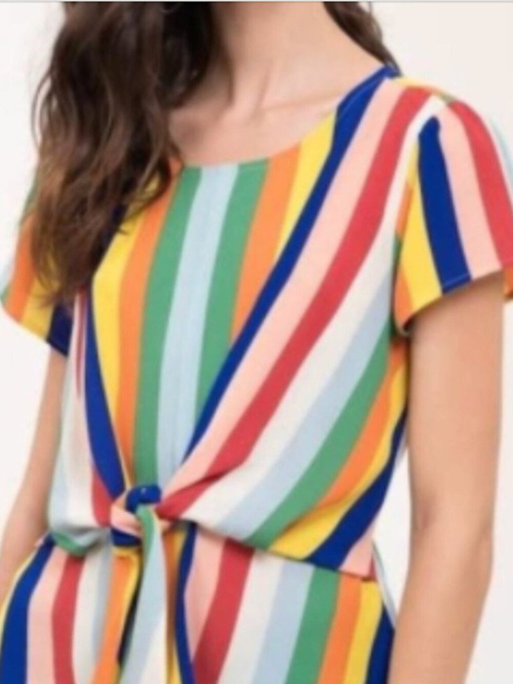 E + M Rainbow Stripe Peplum Blouse Tie Front Flutter Sleeve Keyhole Back S